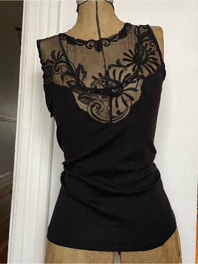 Vintage Black Sheer Embroidered Yoke Tank Top